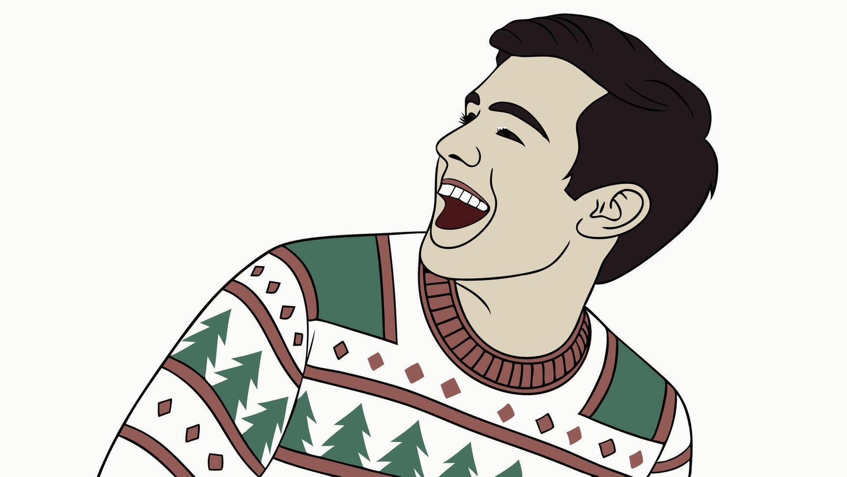 Portrait of a handsome young man with christmas sweater and wide open mouth vector