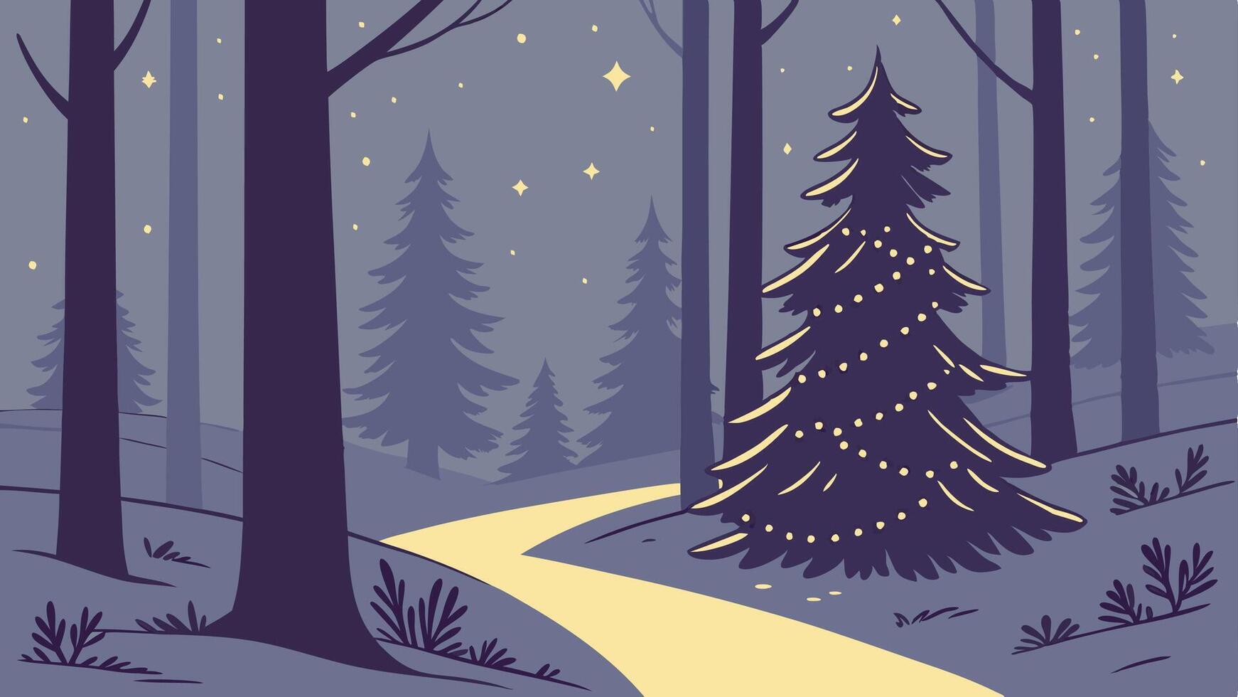 Magical forest with christmas trees and glowing lights vector