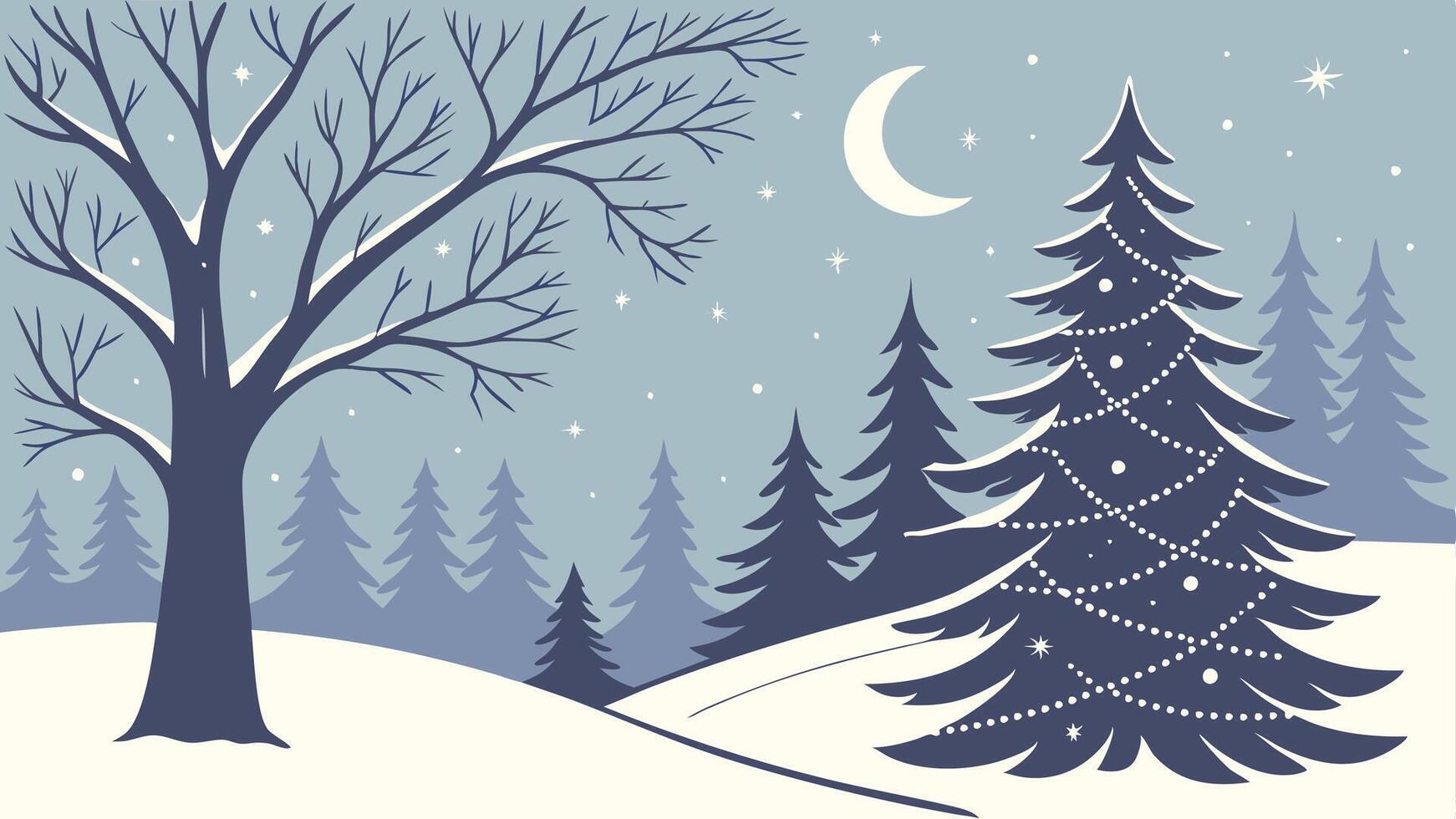 Magical trees with snow in winter forest at christmas night vector