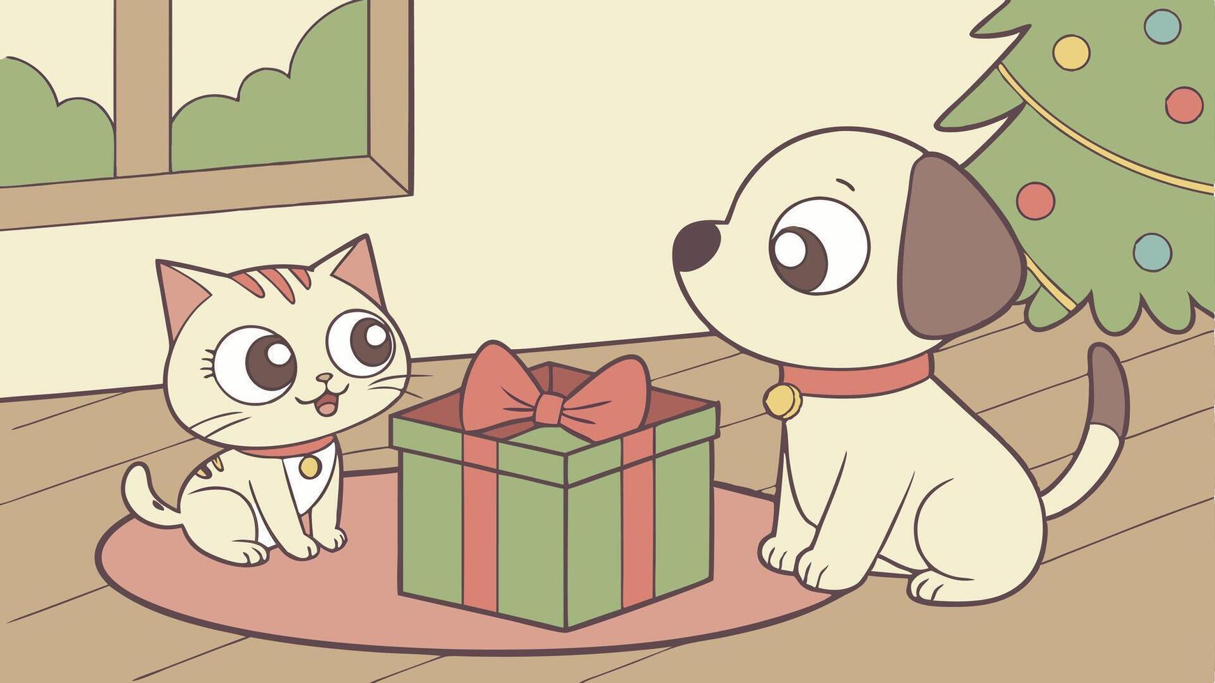 Cute cat and dog puppy with christmas gift boxes on wooden floor. Christmas concept. vector