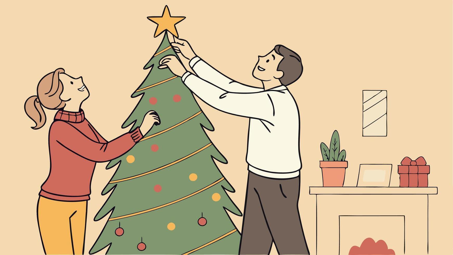 Parents sharing a tender moment as they place an ornament on the christmas tree vector