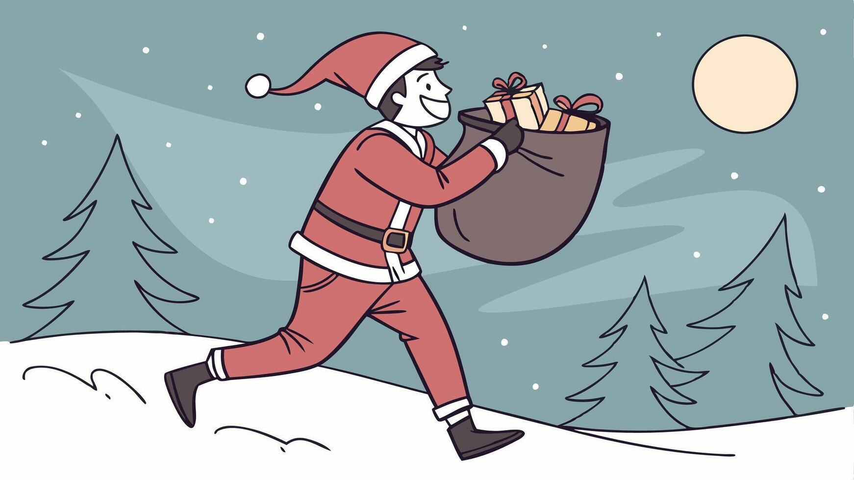 Man dressed as santa claus running with bag of gifts in his hand. vector