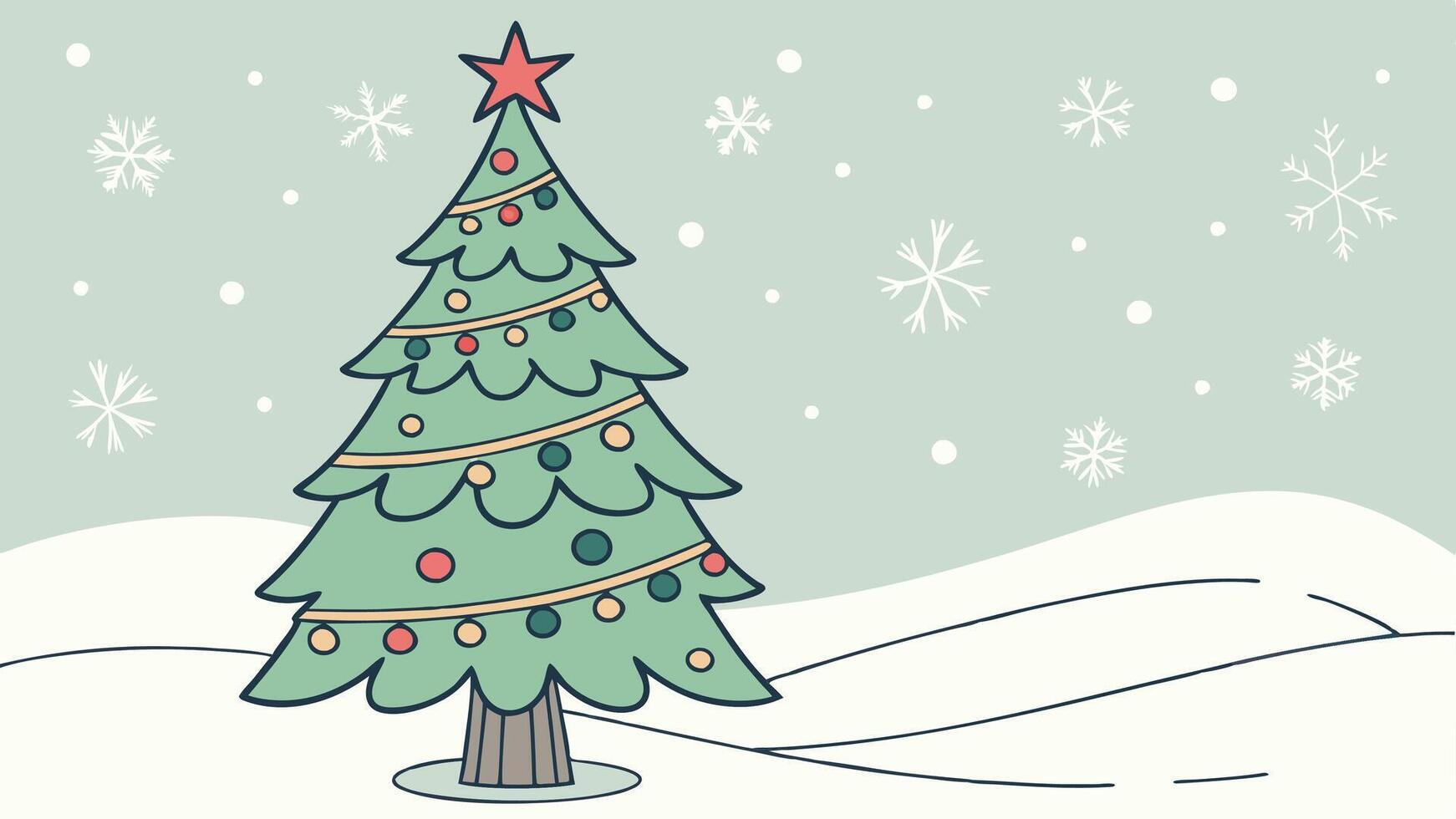Illuminated Christmas tree with baubles and snowflakes floating on the air vector