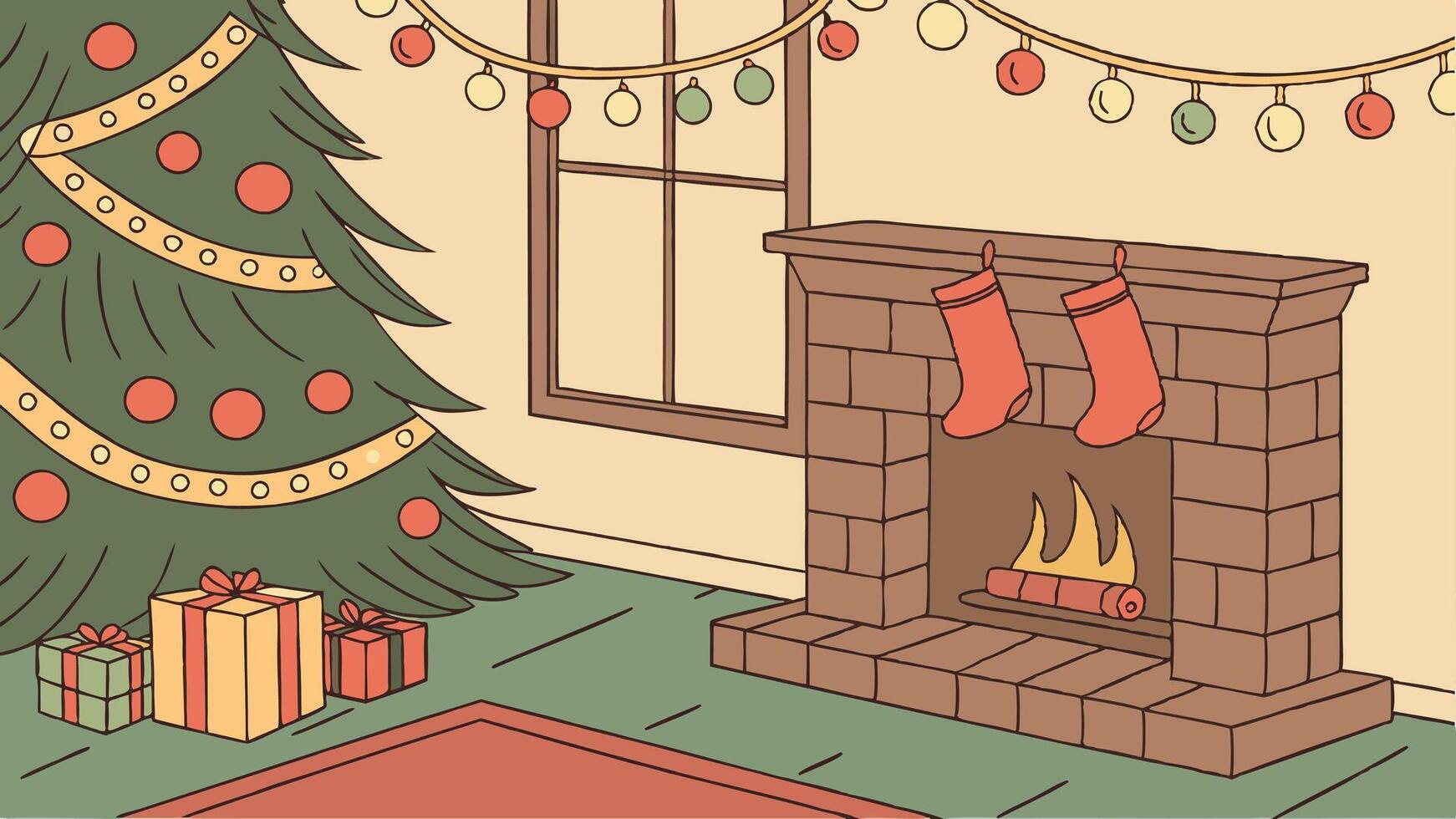 Cozy living room with Christmas tree. stockings. and fire crackling. vector