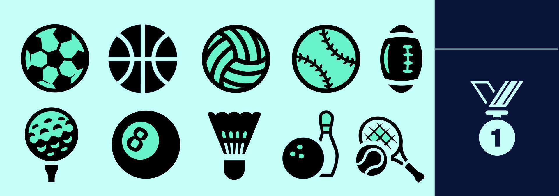 Sports SOLID icon set for logo and digital work. Balls, football, basketball, american football, golf, pool, snooker, badminton, bowling, tennis. Editable elements, size and color. vector
