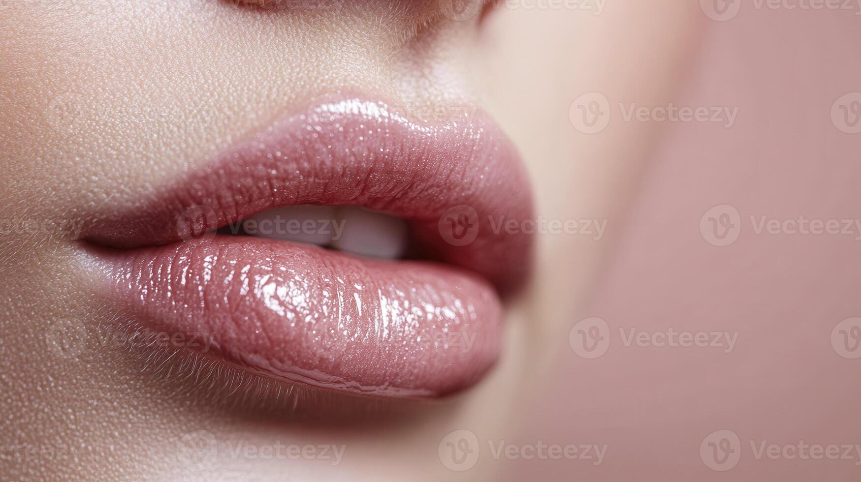 Close-up of a person's lips with soft pink gloss displayed against a pastel background, capturing a moment of beauty and elegance photo