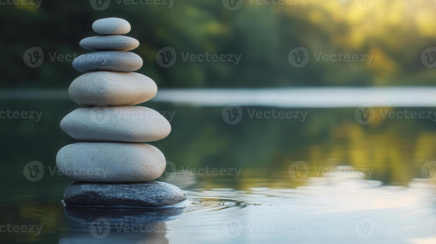 A serene stack of smooth stones balanced on a rock in tranquil water during early morning light photo