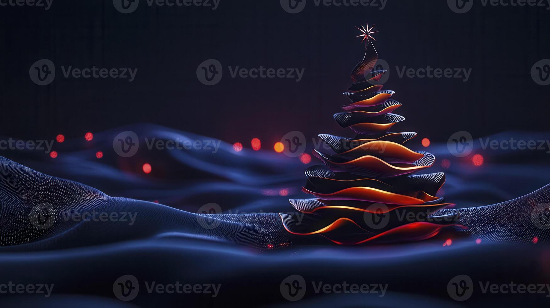 A glowing abstract Christmas tree among dark waves with twinkling lights in a festive atmosphere at night photo