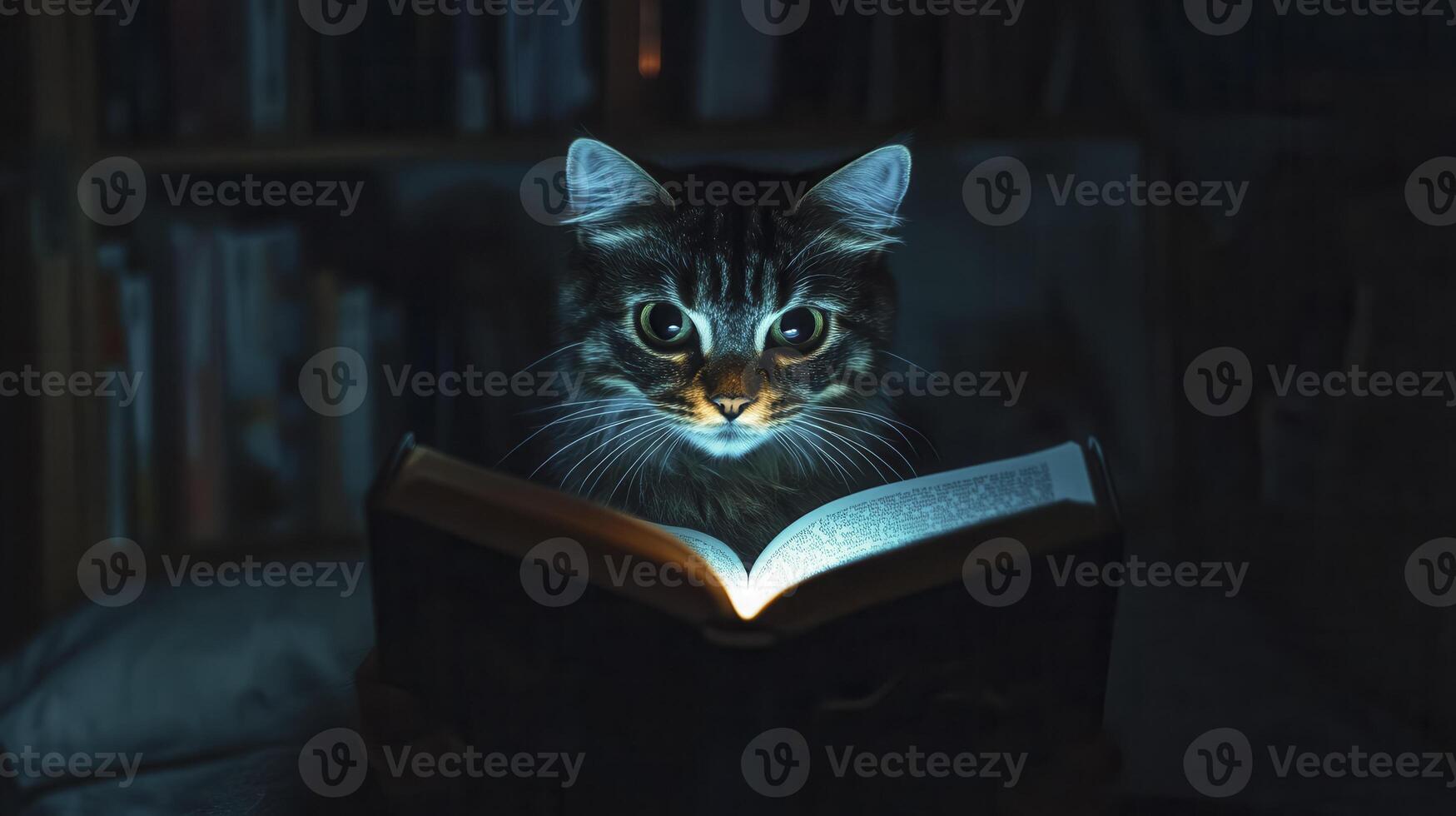 A curious cat gazes at a glowing open book in a dimly lit room filled with shelves of books photo