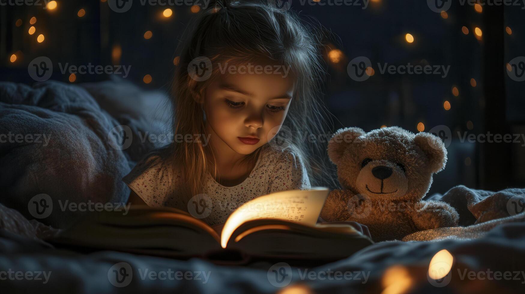 Young girl reading a book by candlelight with a teddy bear at night, creating a magical bedtime atmosphere photo