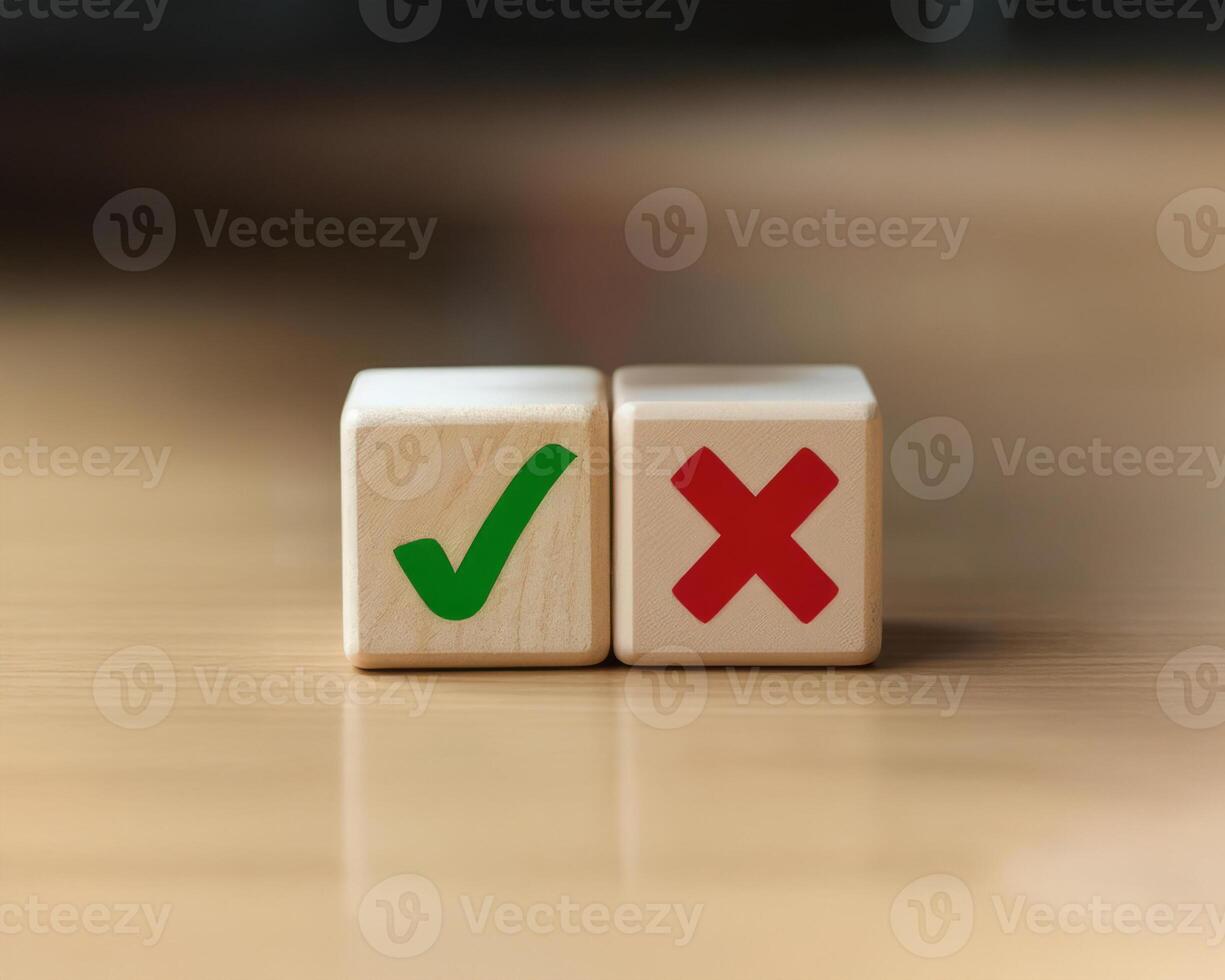 Choice Concept. Wooden Blocks with Check Mark and Cross Symbols photo