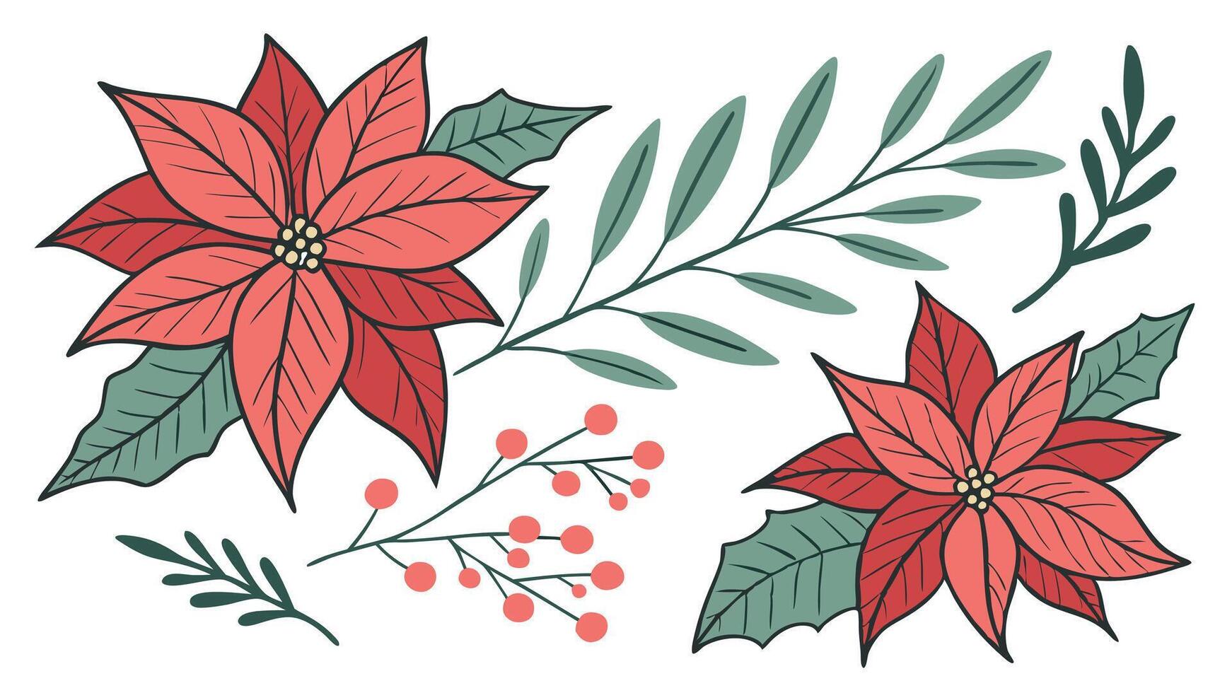 Set of watercolor christmas poinsettia and leaves. isolated on transparent background vector