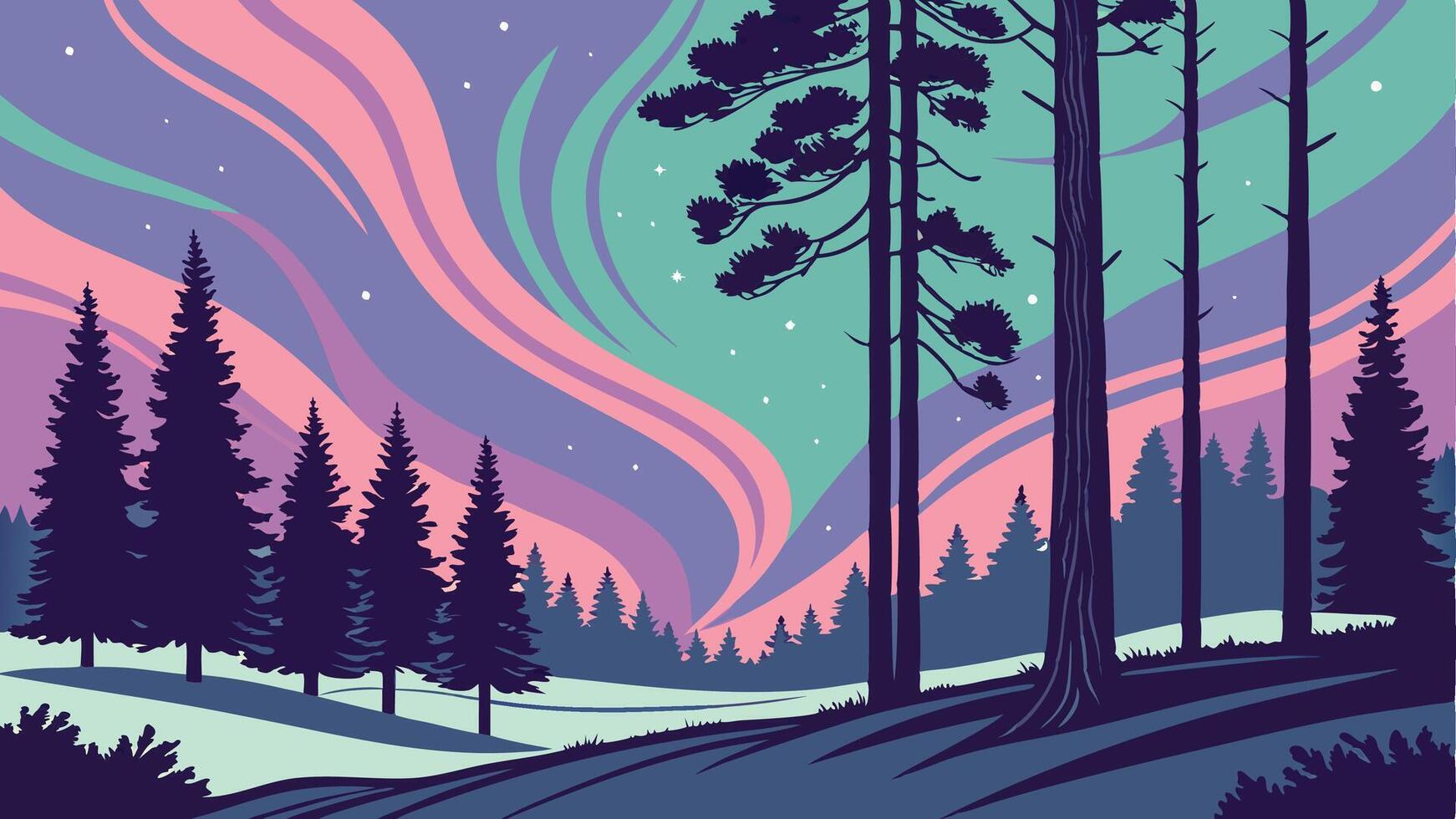 Magic colorful night landscape with pine trees and an amazing sky. vector