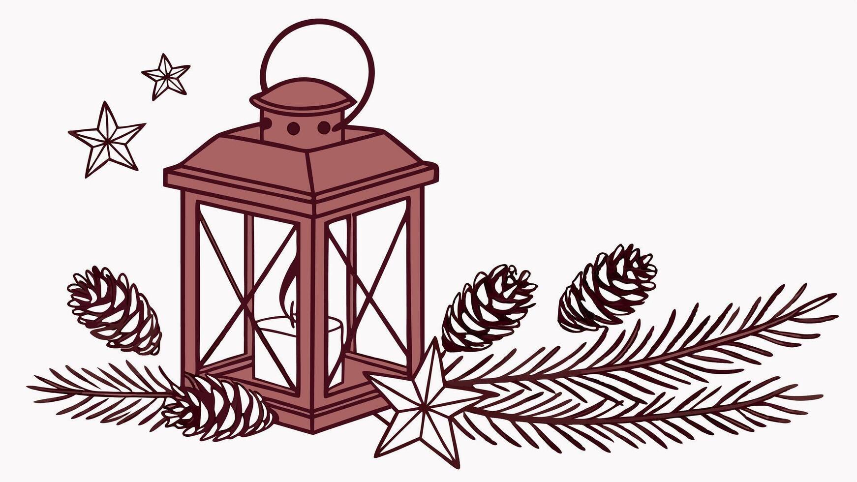 Red lantern on a white background with a candle. pinecones. and a star. Christmas themed decor. vector