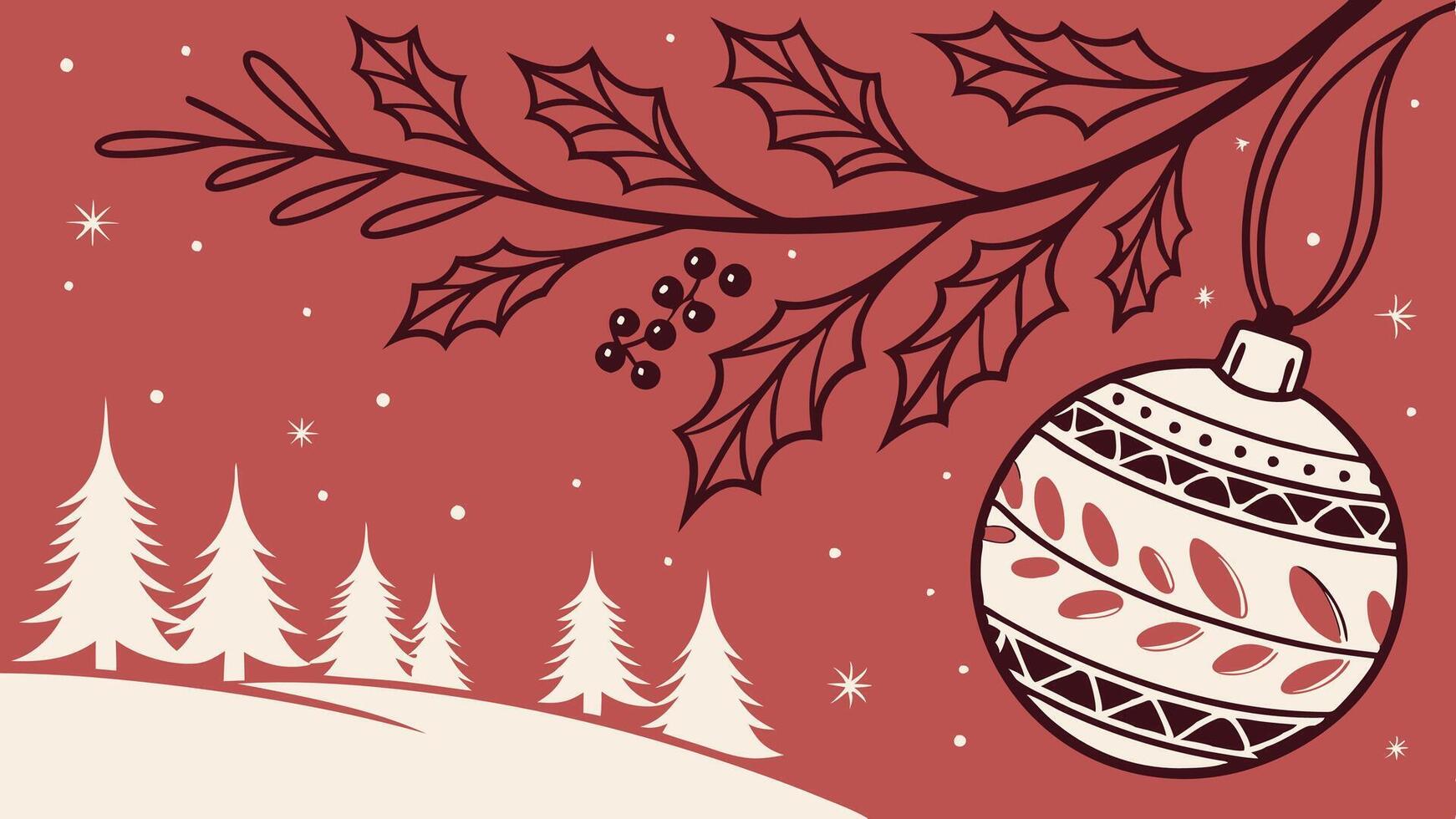 Red christmas background with red christmas ball and fir leaves. Copy space vector
