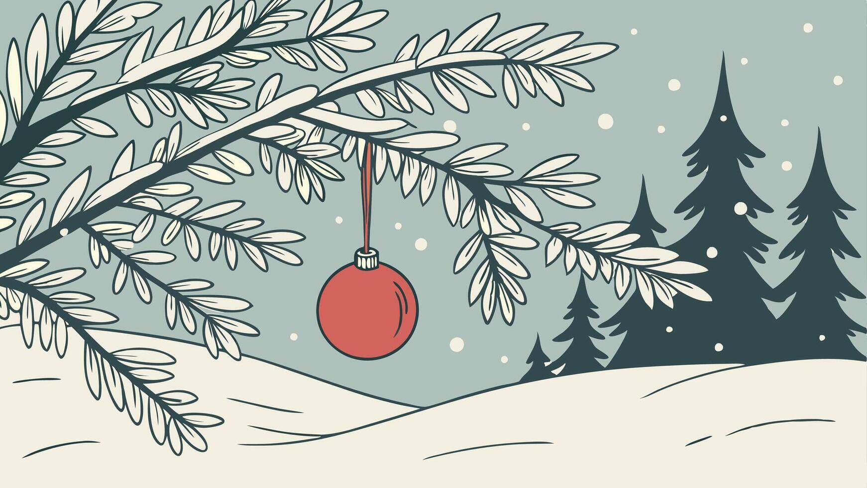 Pine tree with white snow and red ornament. christmas background vector
