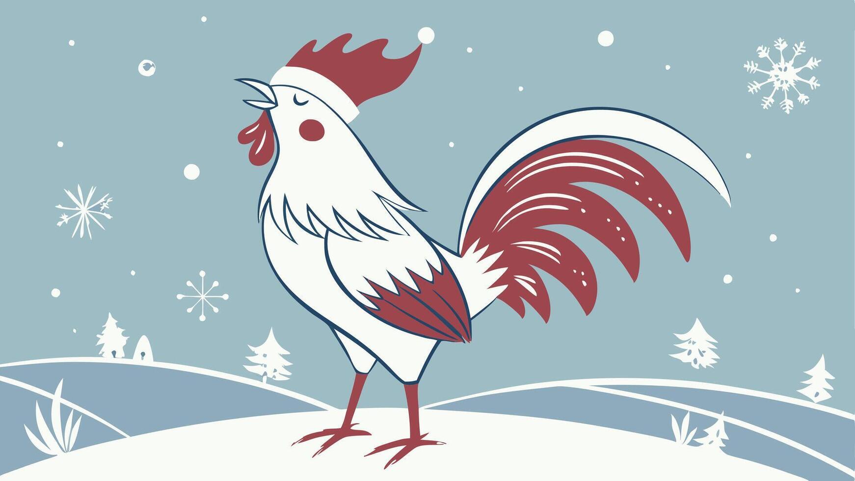 Rooster with Santa Claus hat at Christmas and snowflakes falling on a blue background. vector