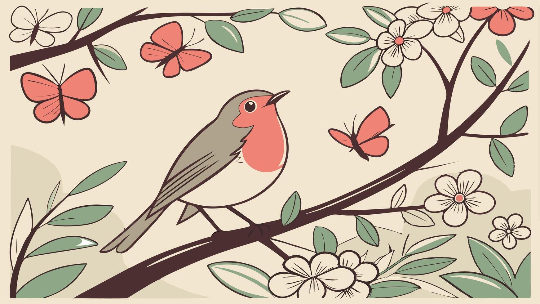 Robin bird. butterflies. branches and leaves in vintage watercolor style. Generrative Ai vector