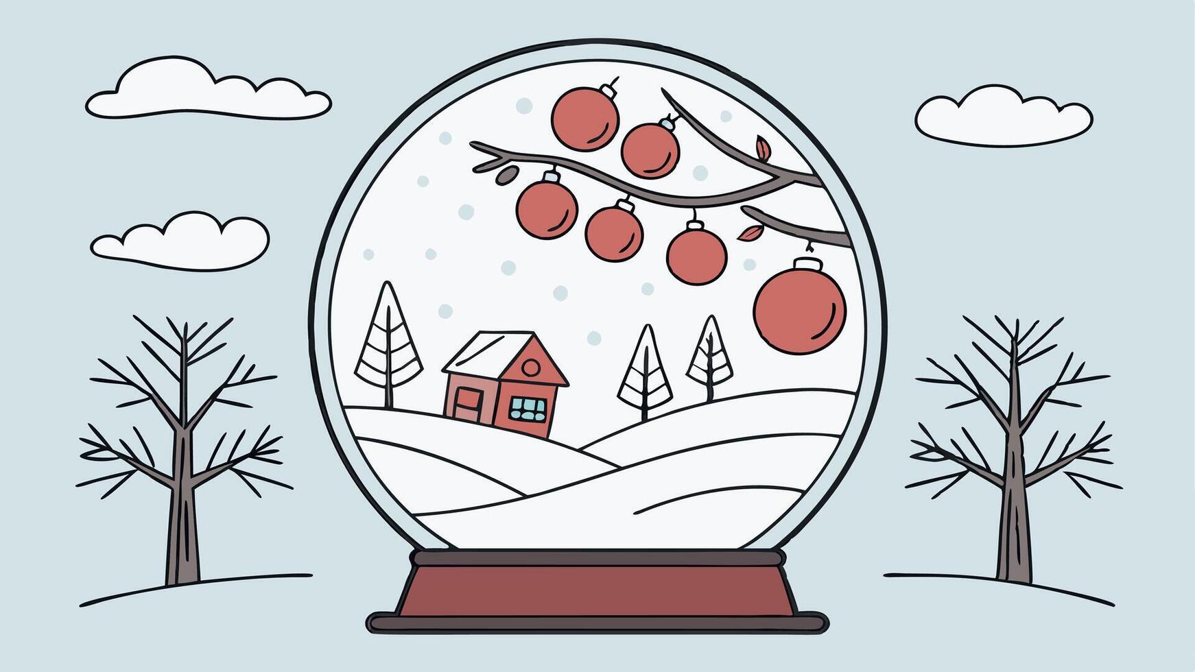 Snow globe with christmas scene on frozen ground and red baubles vector