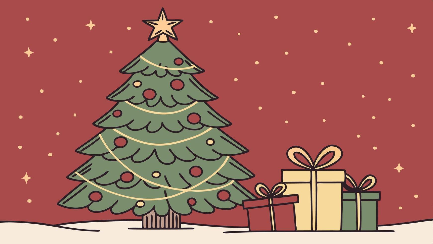 Red christmas background with decorated christmas tree and presents vector