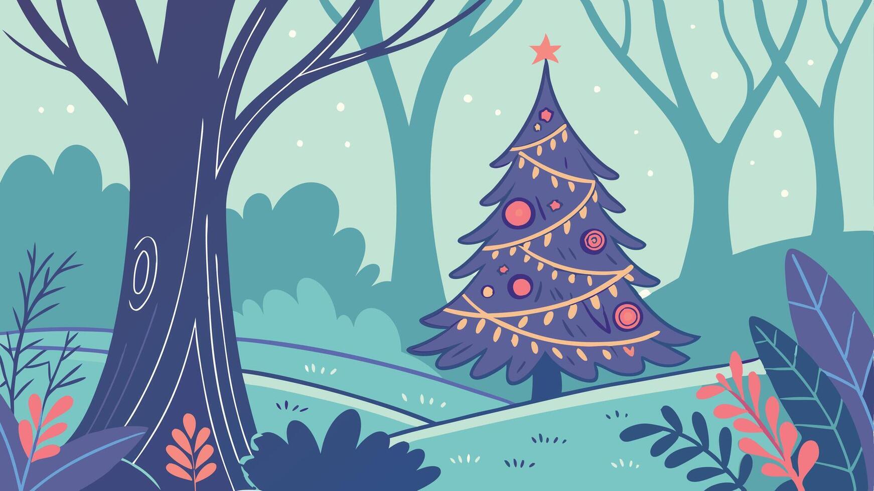 Magic forest colorful christmas tree with glowing lights illustration vector