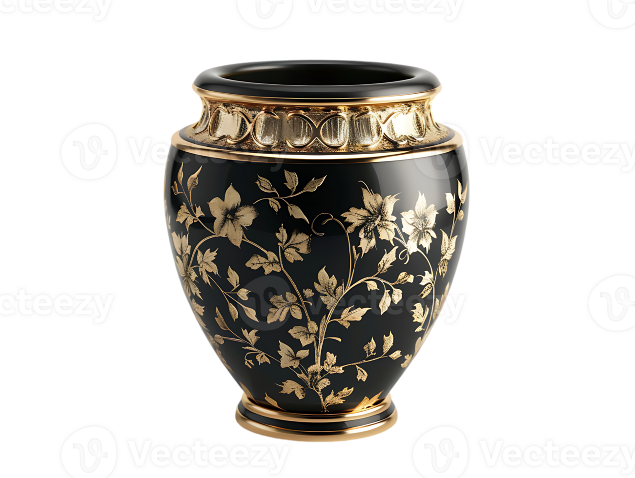Luxury Black Vase with Gold Floral Design on Transparent Background png