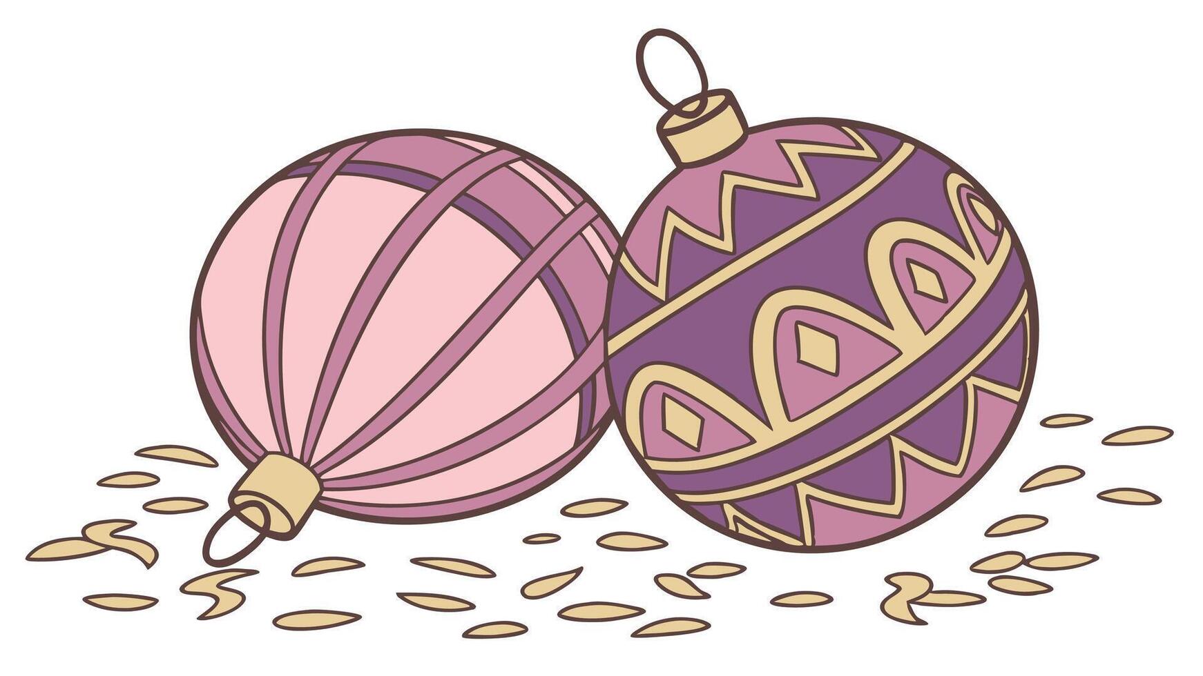 Close up matte pink and purple christmas balls with golden tinsel on the floor isolated 3D Rendering vector