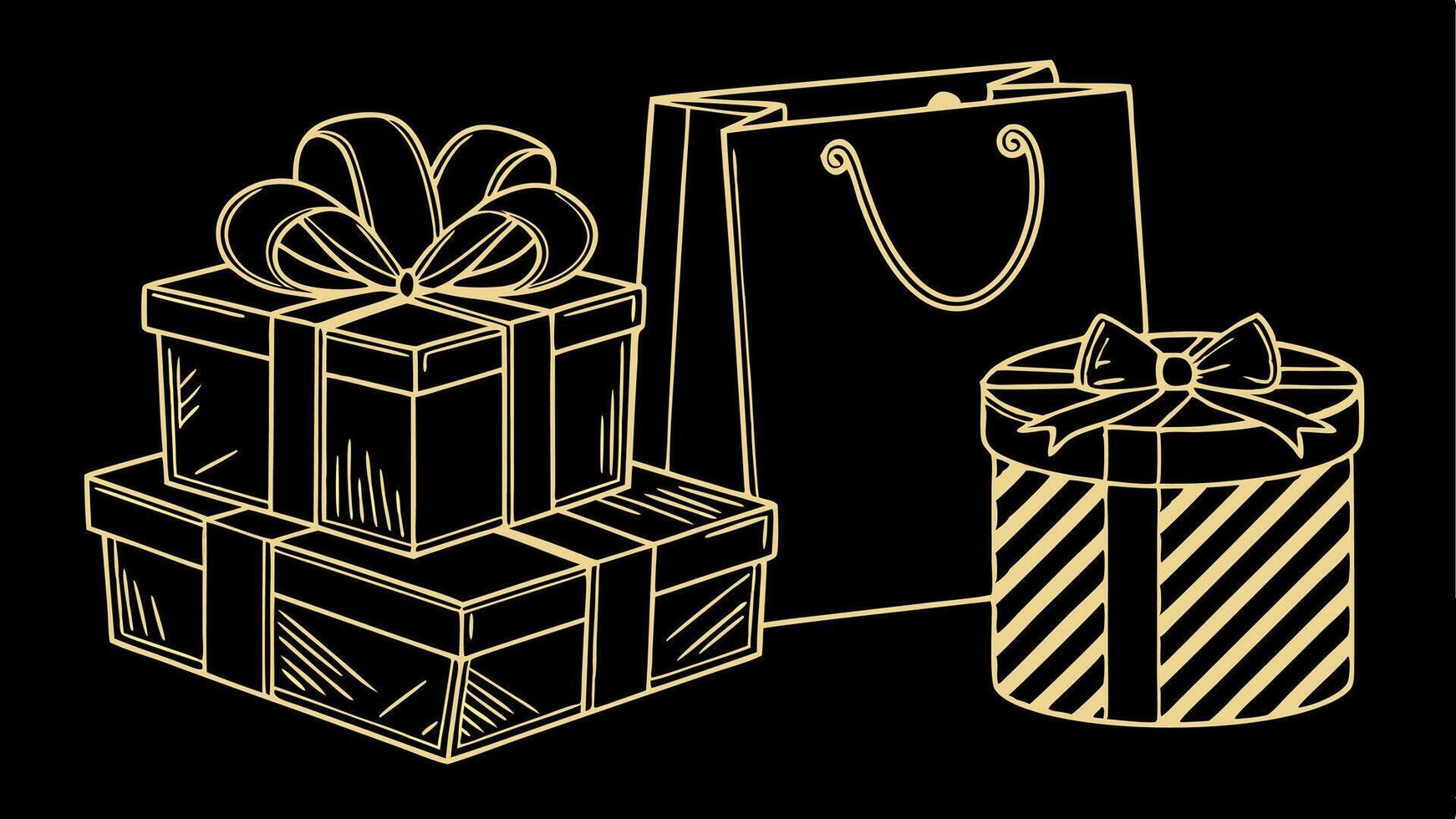 Christmas or Black Friday gifts or presents in black and gold on a black background vector