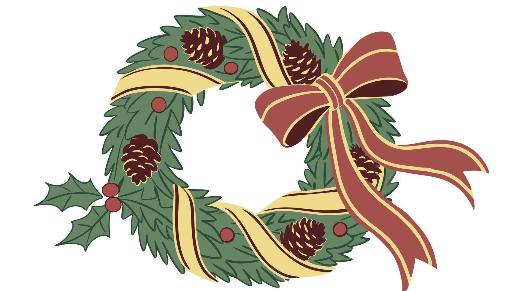 Christmas wreath with red and gold ribbons. pinecones. and holly vector