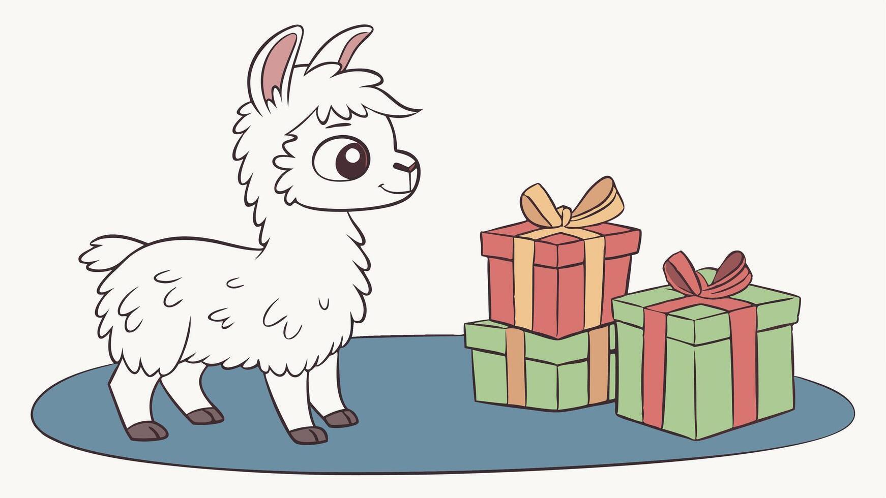 Cute baby llama alpaca with christmas gift boxes on blue background vector