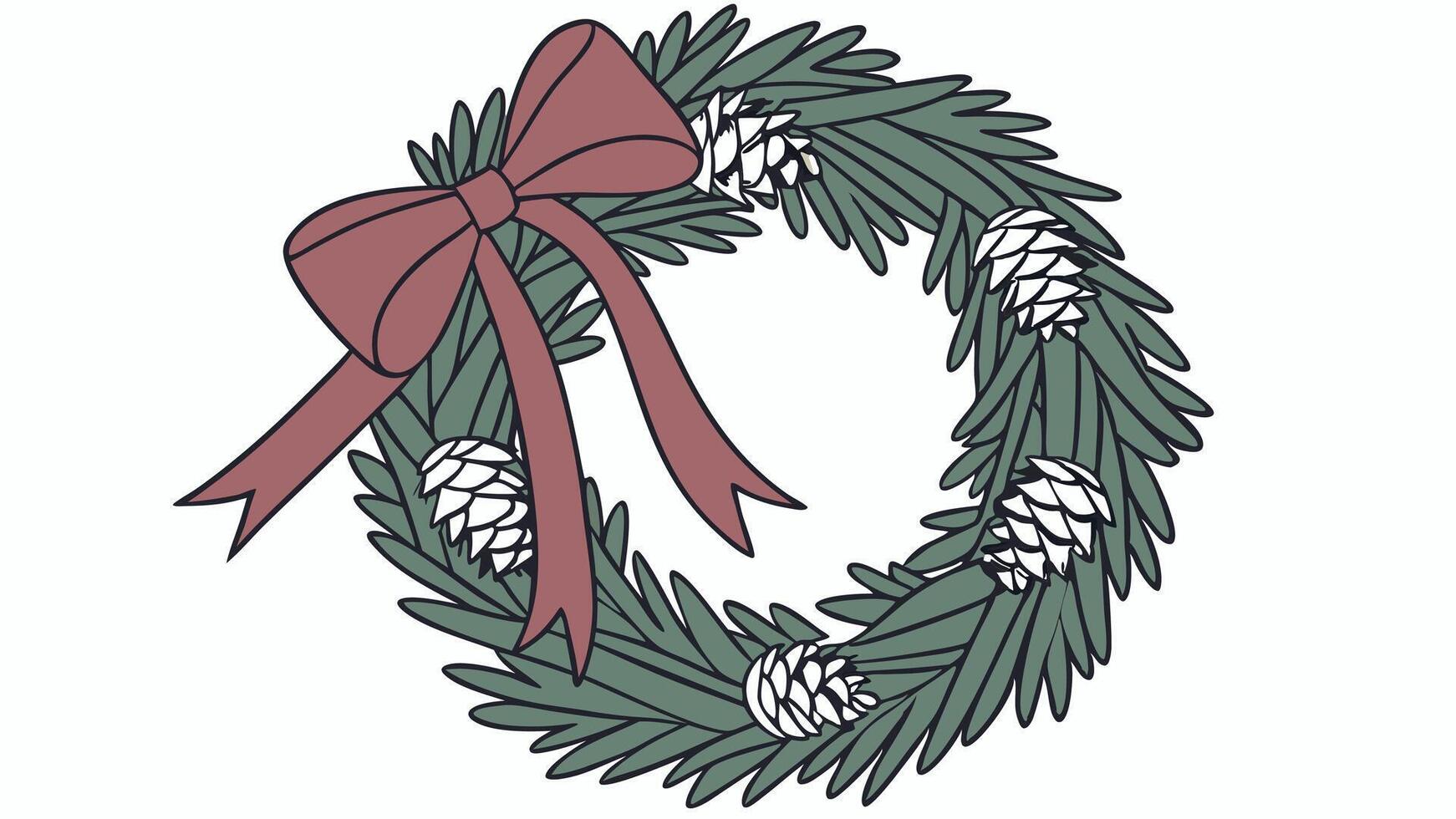 Christmas wreath adorned with pine cones and a red bow vector
