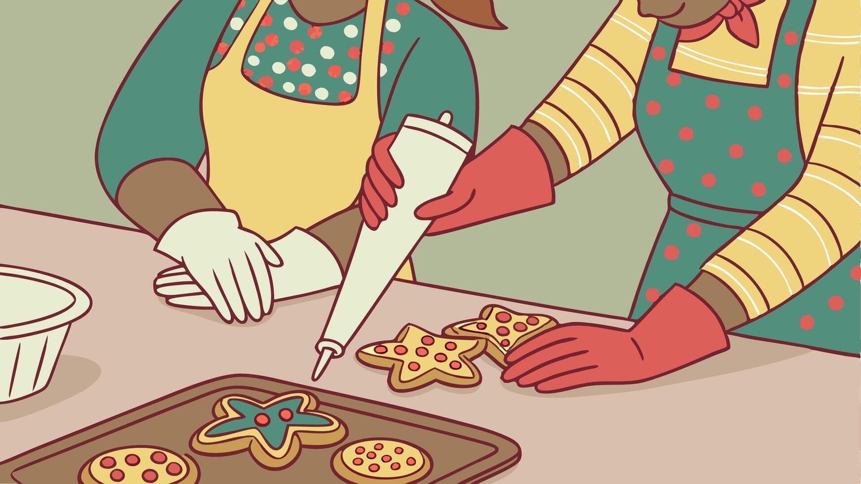 Close up of women decorating christmas gingerbread cookies at home vector