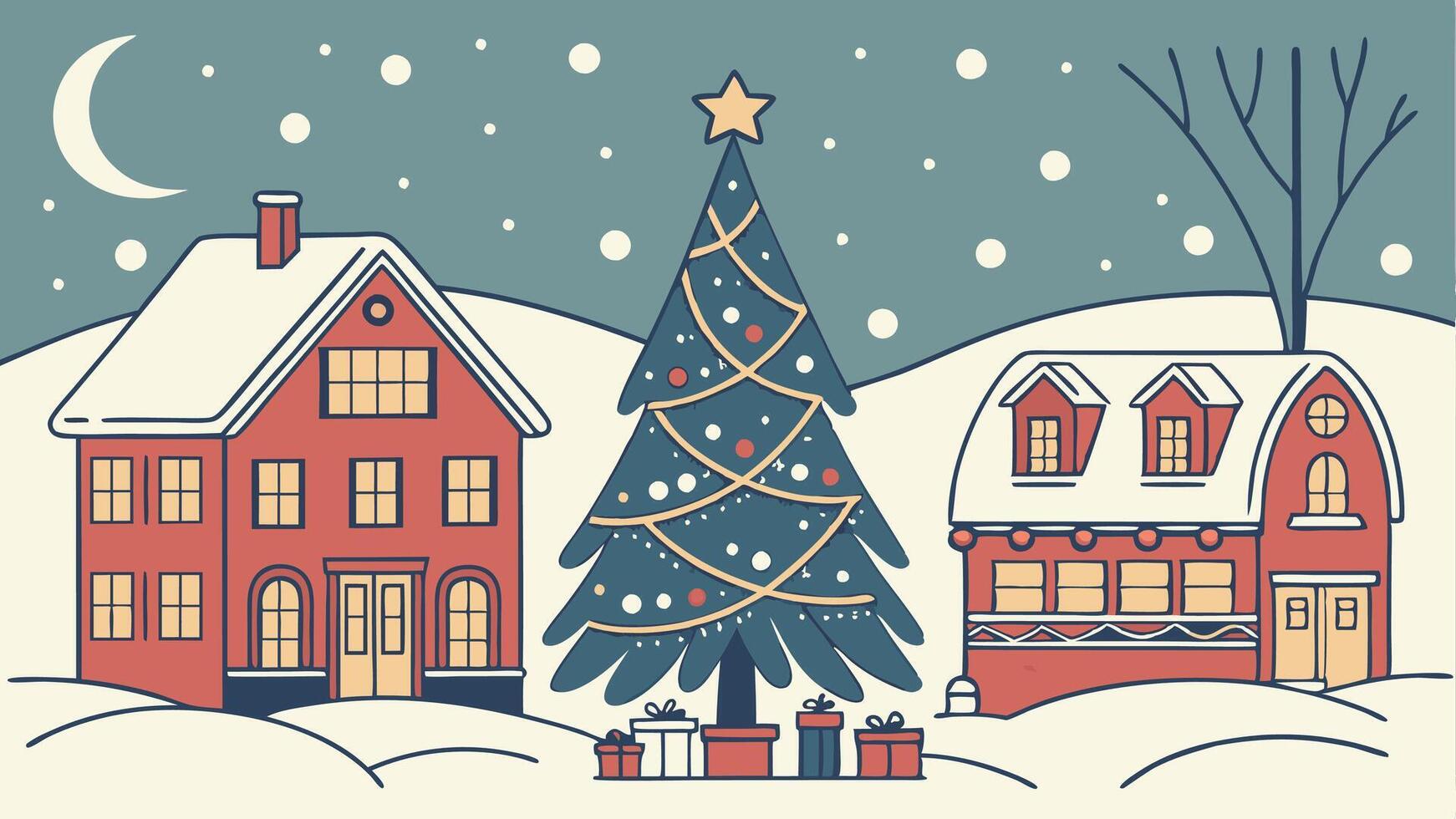 Christmas scene with snow covered town and lit up christmas tree. vector