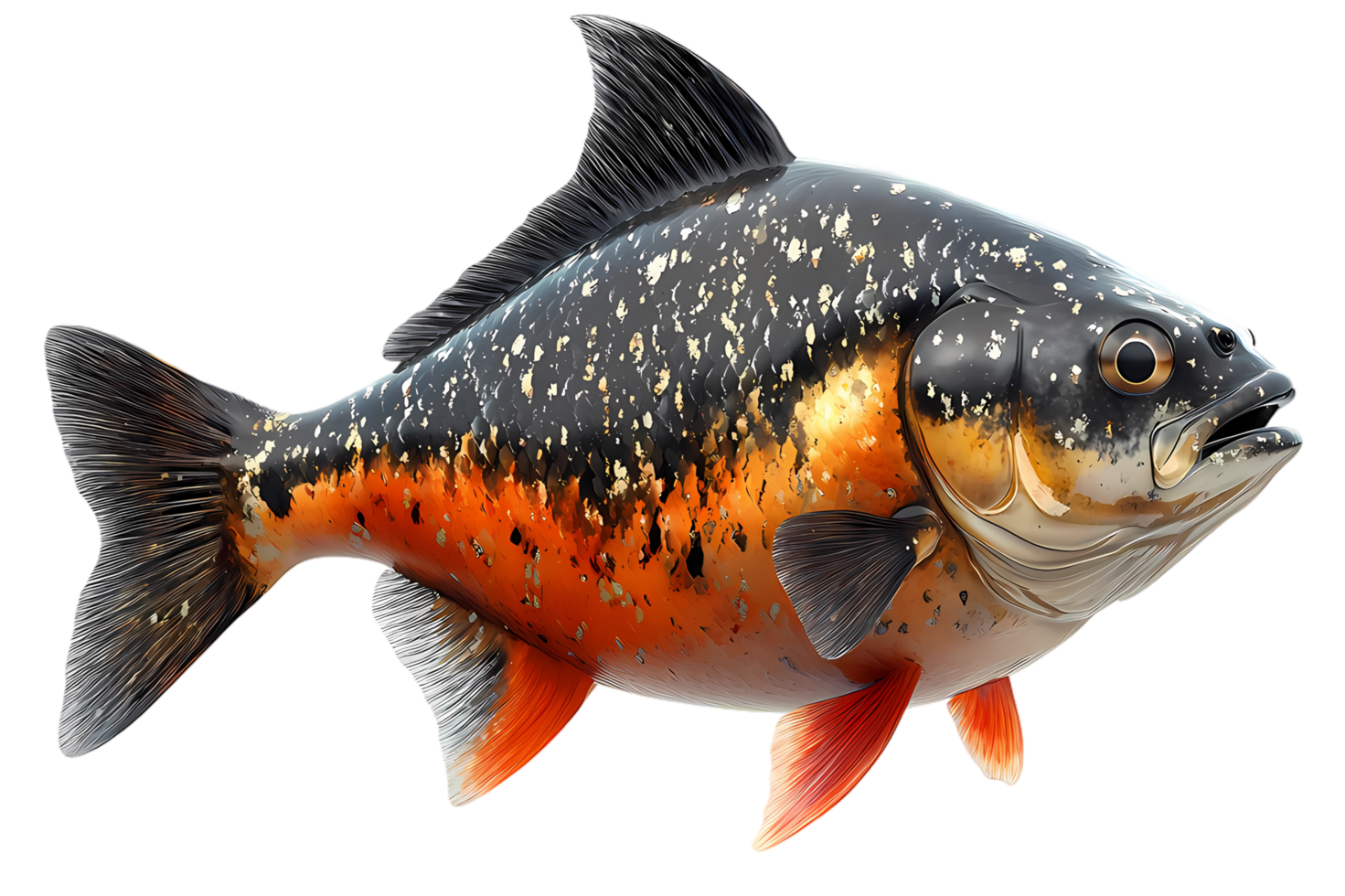 a piranha fish with orange and black spots on it png