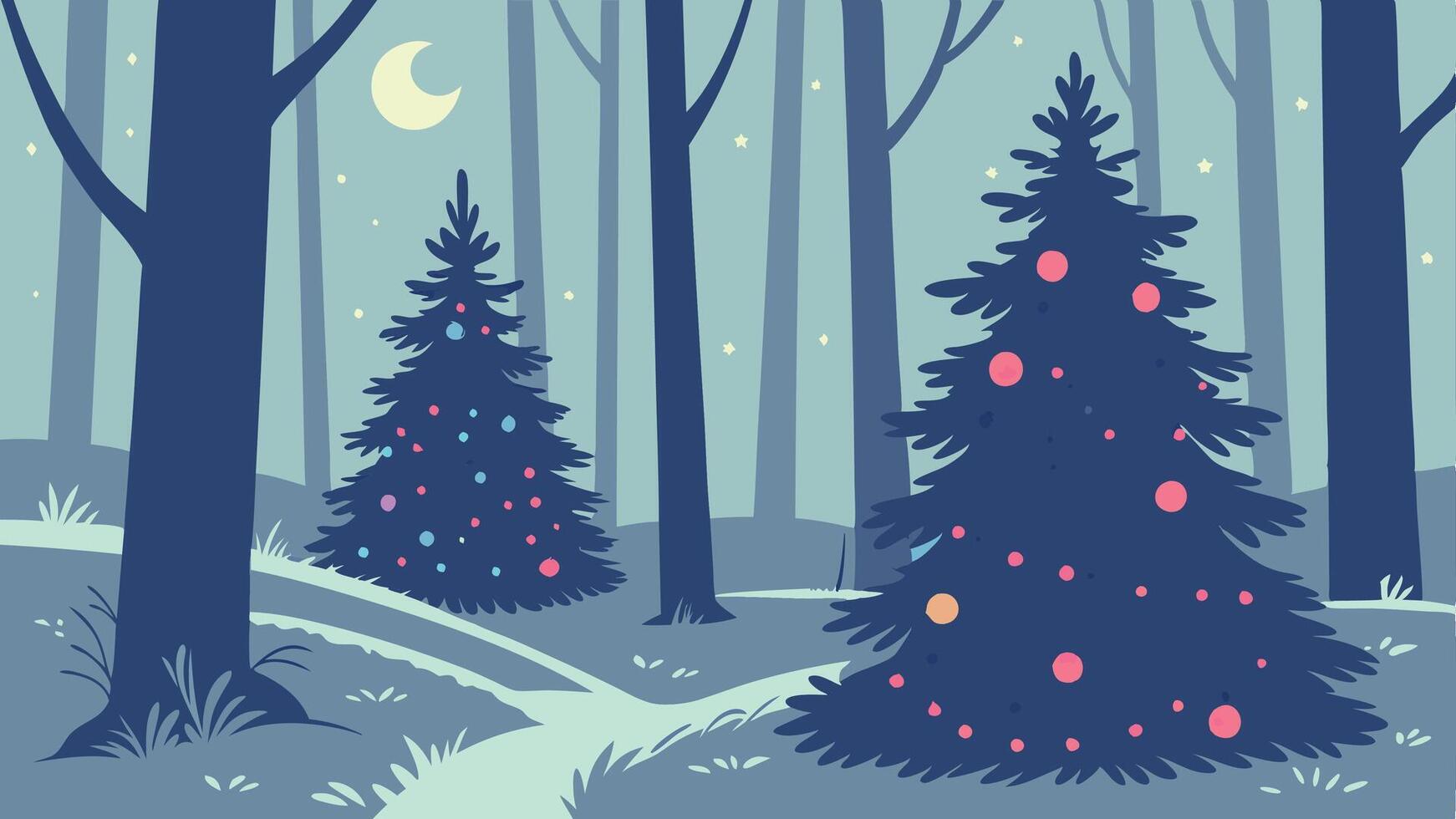 Magical forest with christmas trees and blurry glowing lights vector