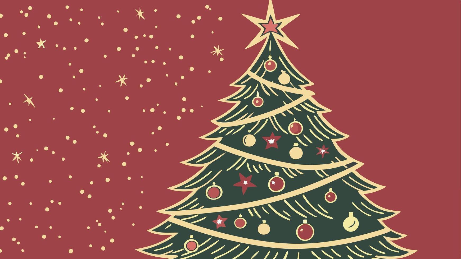 Illustration of a decorated christmas tree against red background with glitter. copy space vector