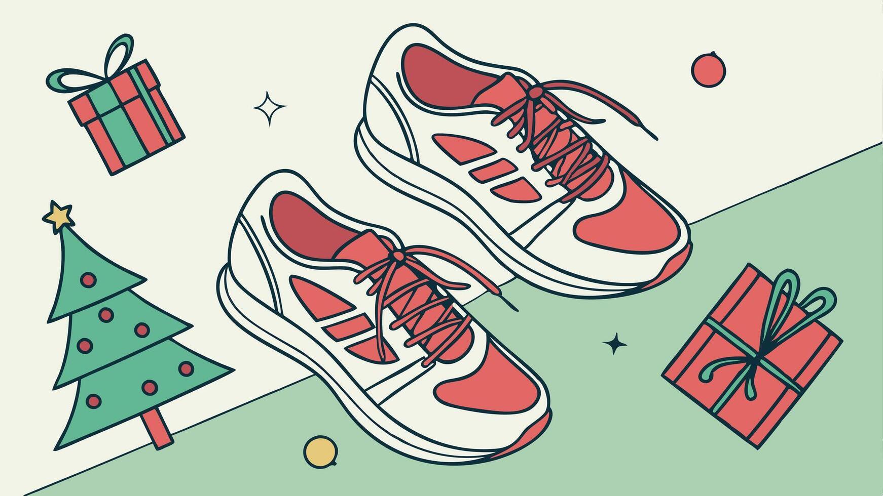 Overhead view of fitness trainer sneakers with christmas decorations. New year resolution concept vector