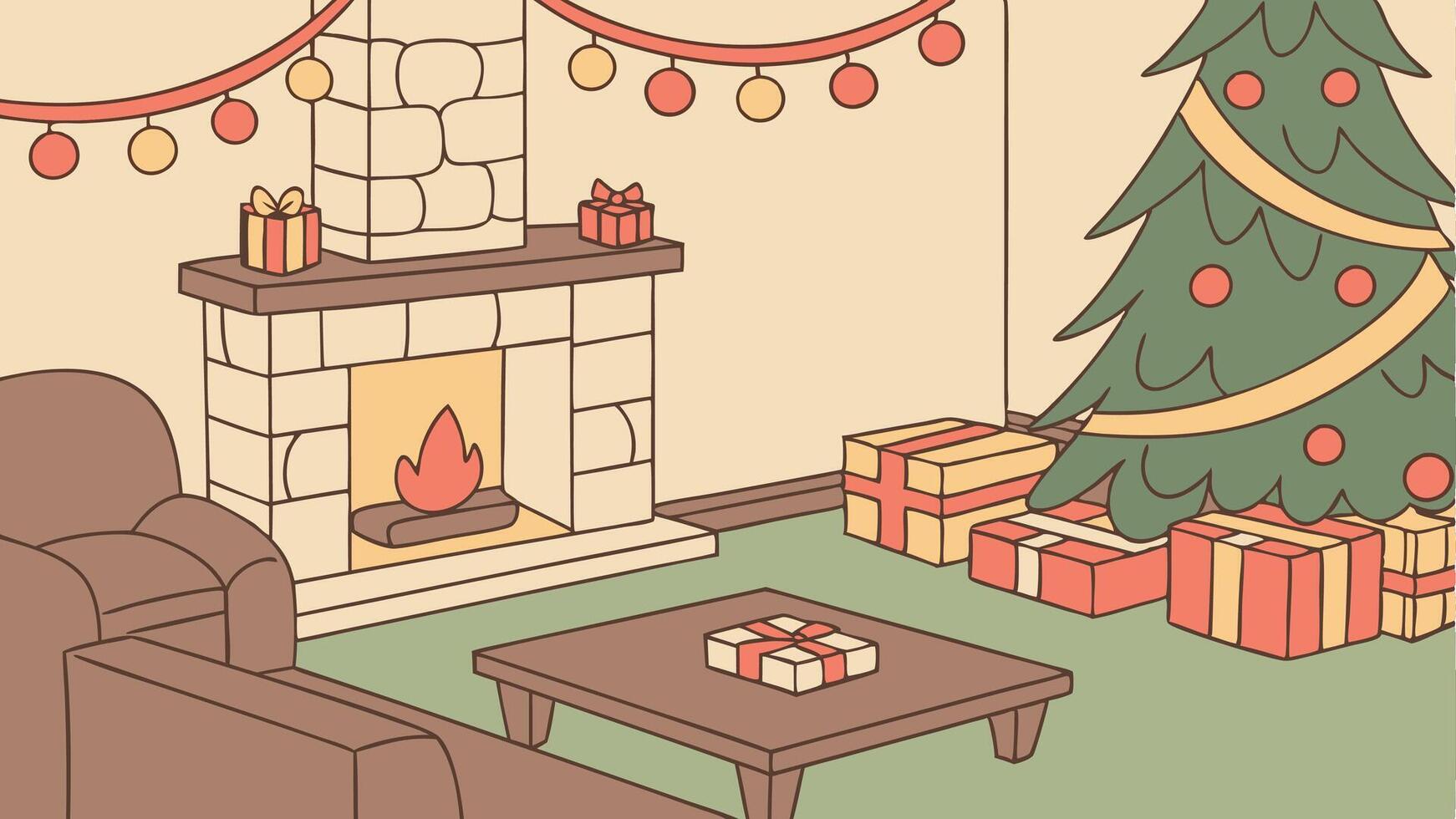 Illustration of A cozy living room with a crackling fireplace and Christmas presents vector