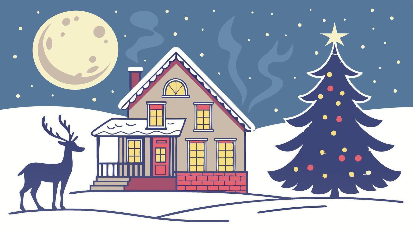 Paper cut christmas with house tree reindeer and and moon on white snow winter background vector