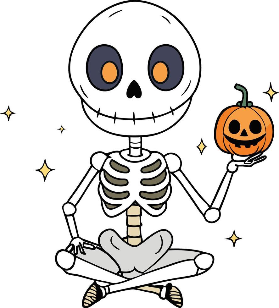 Cartoon-Style Spooky Skeleton Holding a Jack-o'-Lantern for Halloween Fun vector
