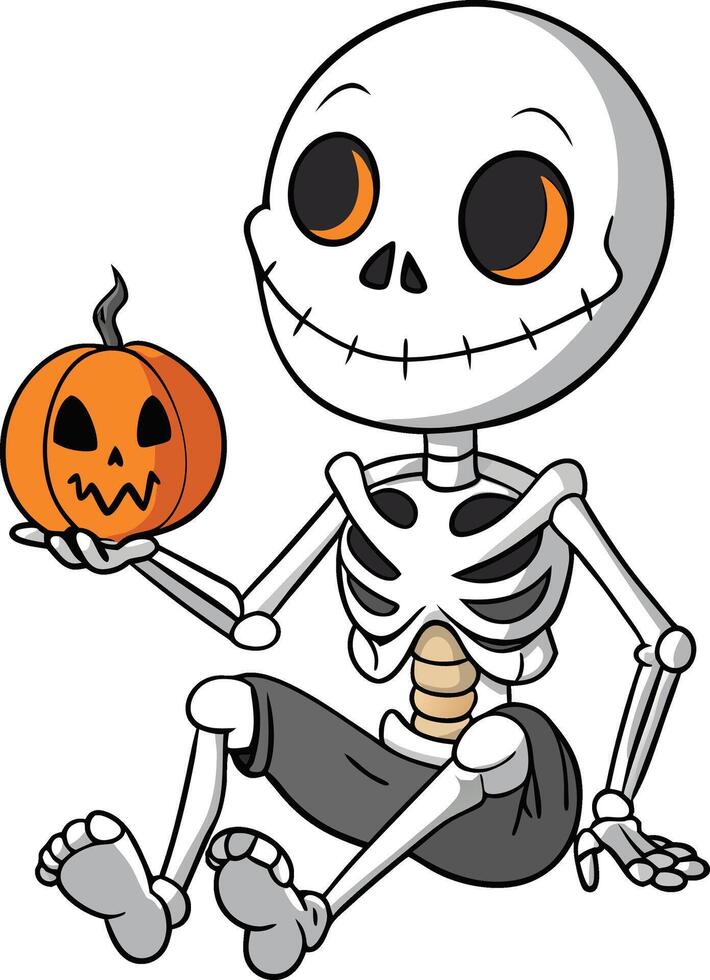 Halloween Skeleton Illustration A Creepy Cartoon Holding a Jack-o'-Lantern vector