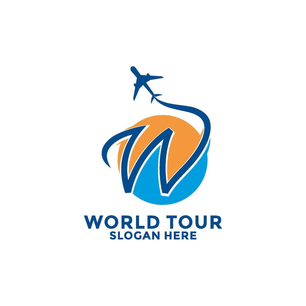initial letter W with Airplane and Global logo design template. Travel logo design vector
