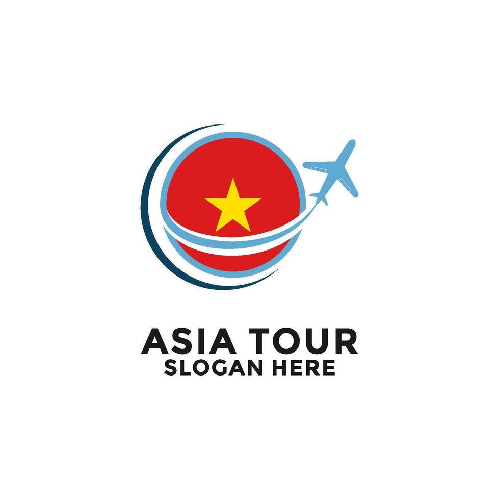 Vietnam Tour logo with National Flag and Airplane design. Asia Tour Travel logo vector