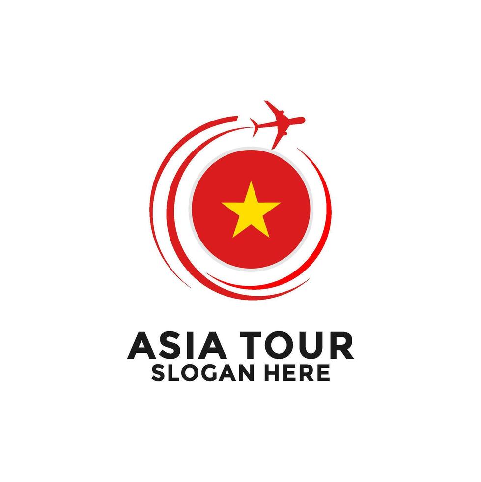 Vietnam Tour logo with National Flag and Airplane design. Asia Tour Travel logo vector