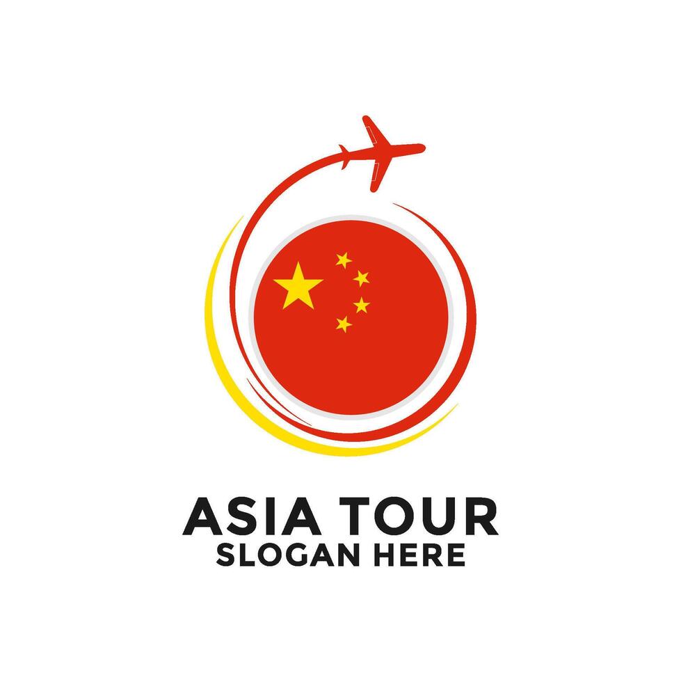 China Tour logo with National Flag and Airplane design. Asia Tour Travel logo vector