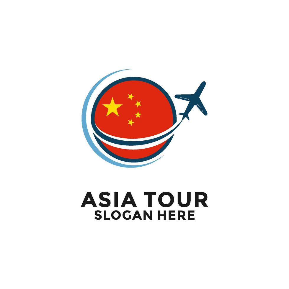 China Tour logo with National Flag and Airplane design. Asia Tour Travel logo vector