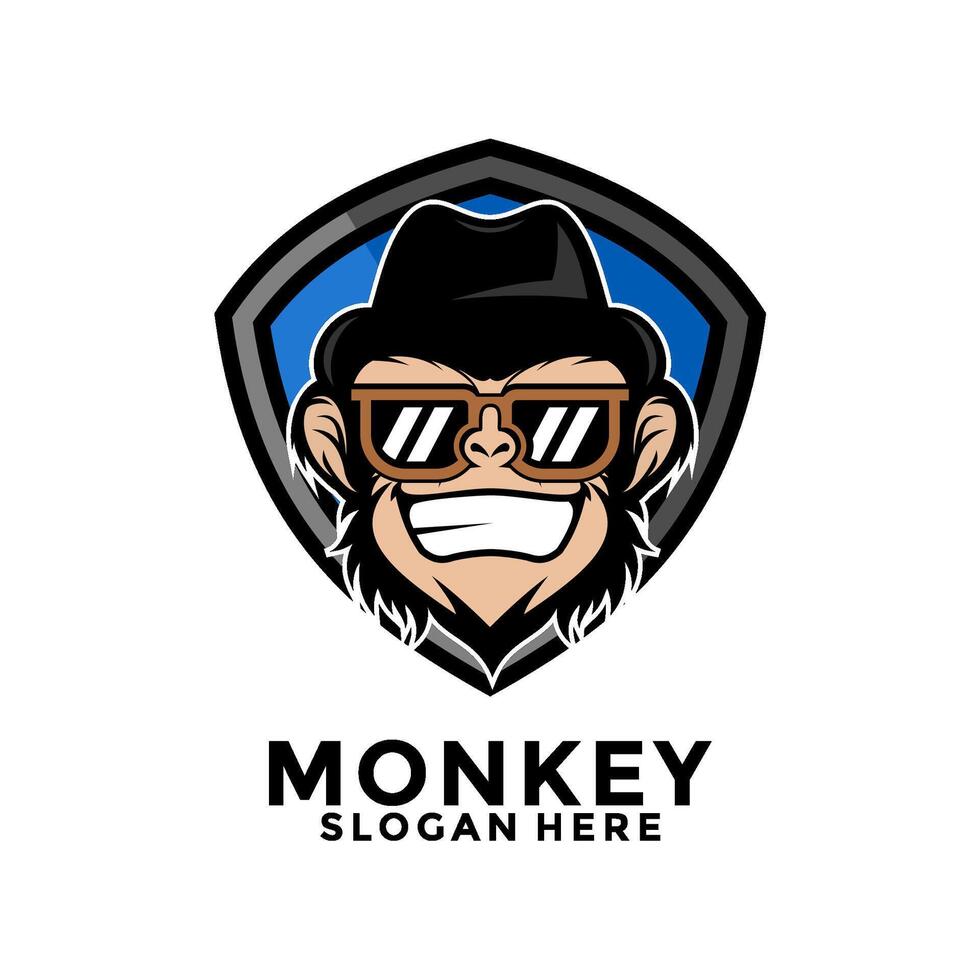 Monkey mascot logo . Geek monkey logo. Chimpanzee logo design, Monkey with hat and shield vector