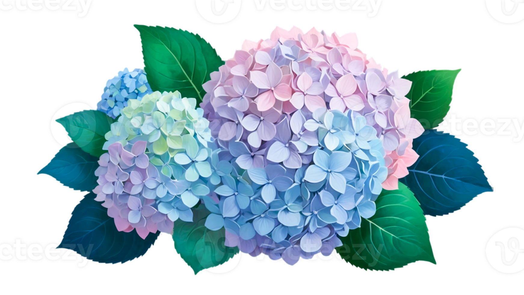 Elegant Hydrangea-Inspired Bouquet with Lush Green Leaves and Delicate Vibrant Petals png