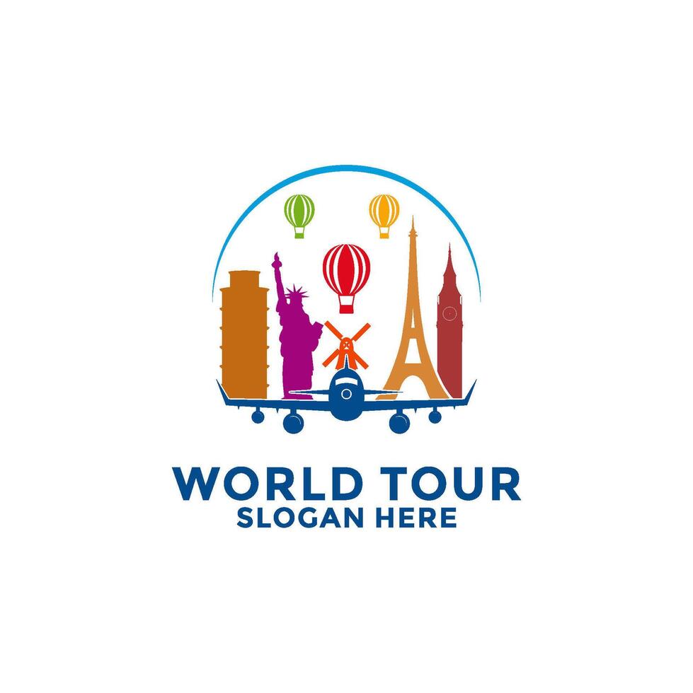 Travel logo design template, World Tour travel logo with tourism icons from various countries vector