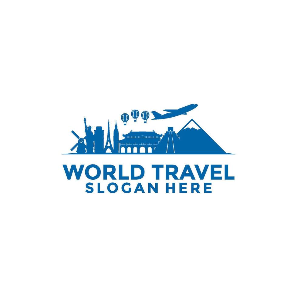 Travel logo design template, World Tour travel agency logo with tourism icons from various countries vector